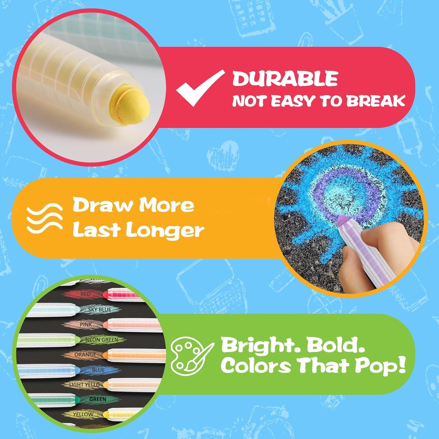 Dustless Chalk for Kids - 12 Colors Washable Sidewalk Chalk Set | Mess-Free Drawing on Chalkboards & Sidewalks
