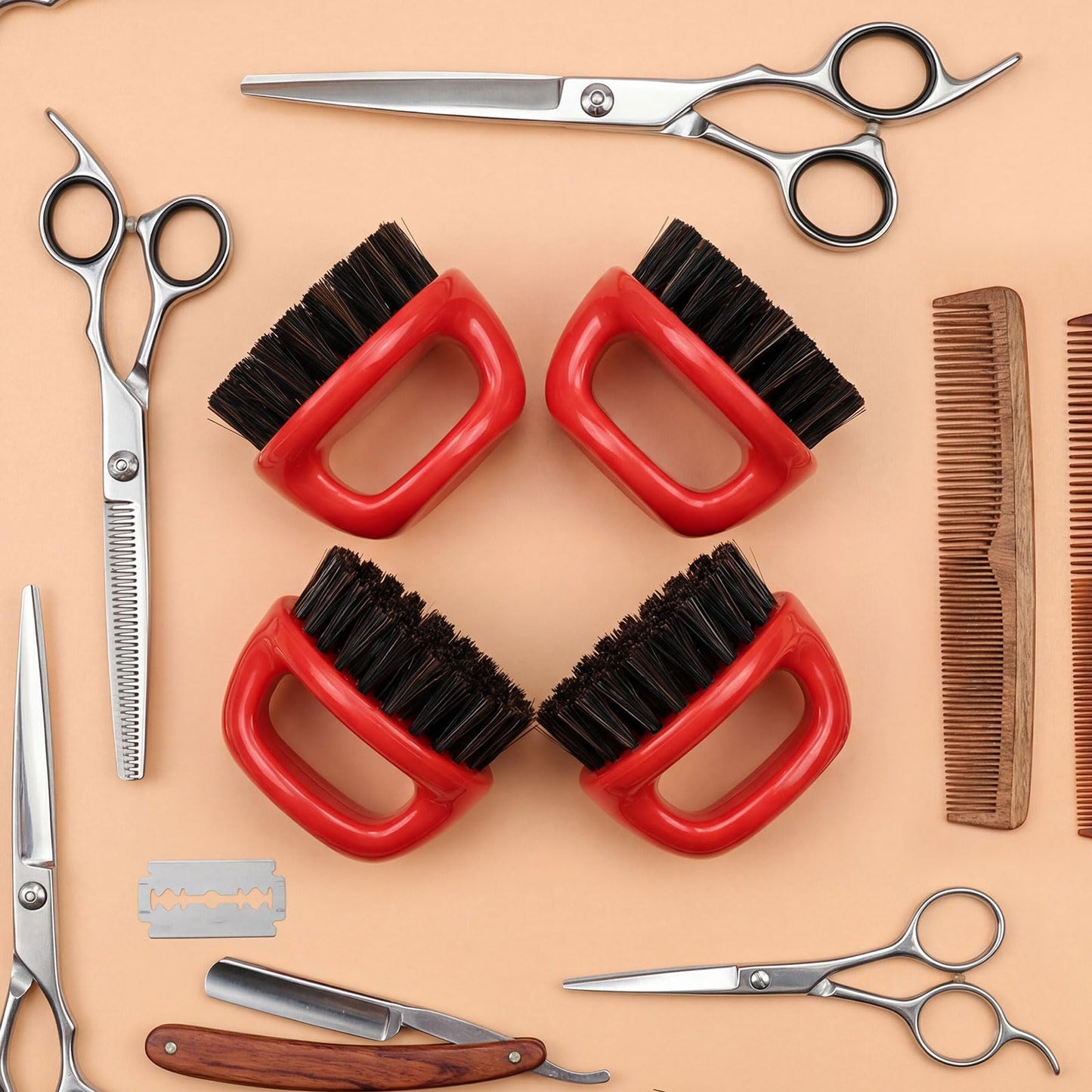 4 Pcs Knuckle Brush for Men Barber Brush, Fade Beard Brushes, Face and Neck Brushes, Beard and Hair Supplies, Barber Essential Tool for Professional Barbering and Grooming Services(Red)