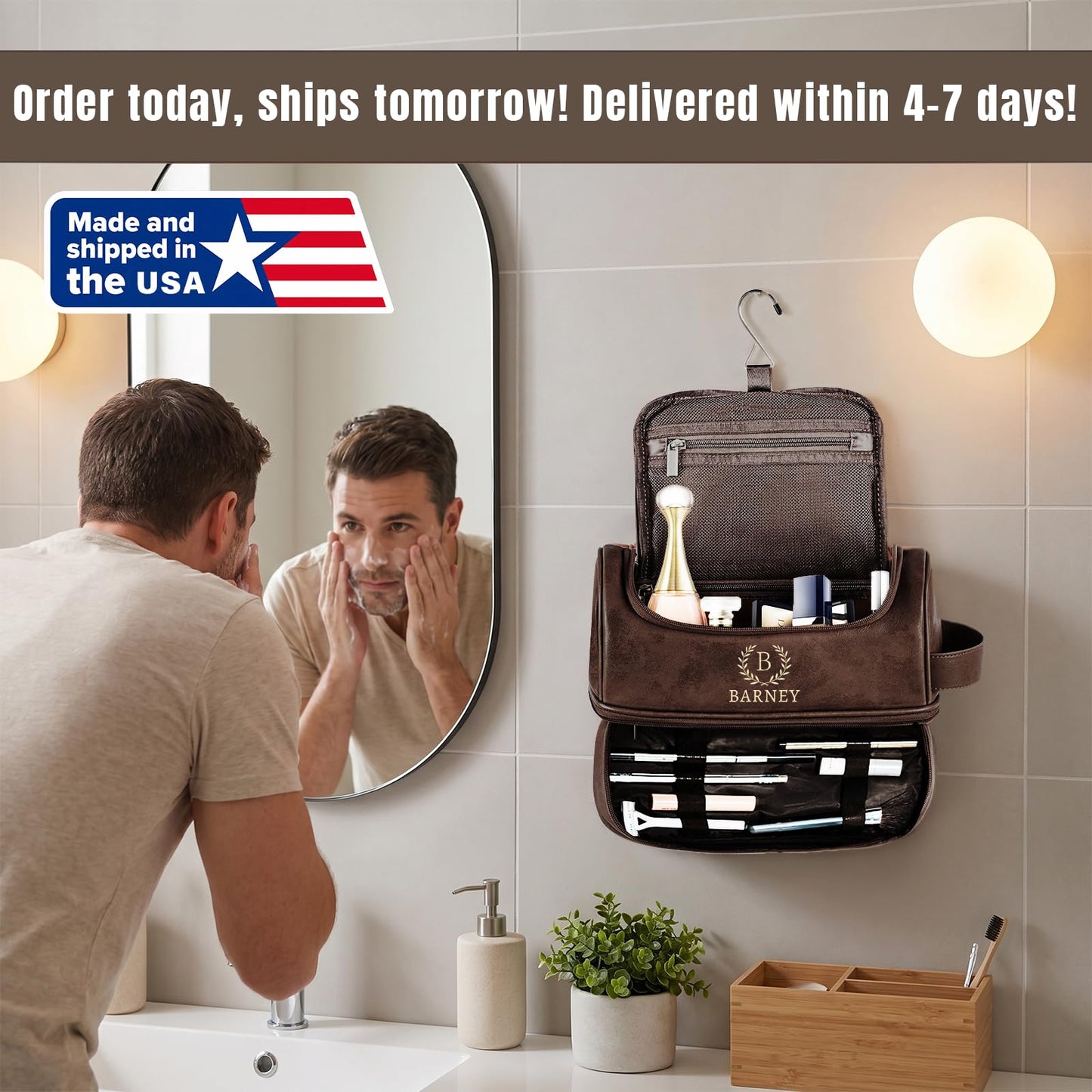 Personalized Toiletry Bag for Men, Engraved Name & Text, Father's Day Birthday Gifts for Men, Dad, Leather Men's Toiletry Bag for Traveling, Customized Gifts for Husband, Grandpa, Lover (DarkBrown)