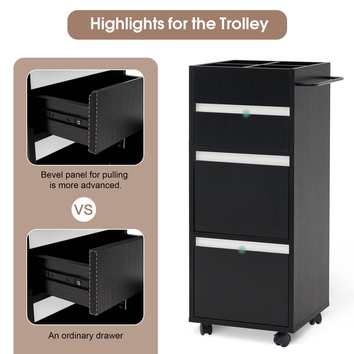 BarberPub Salon Trolley with Drawers Barber Cart Storage Cabinet Beauty Organizer Spa Equipment 2039 (Black)