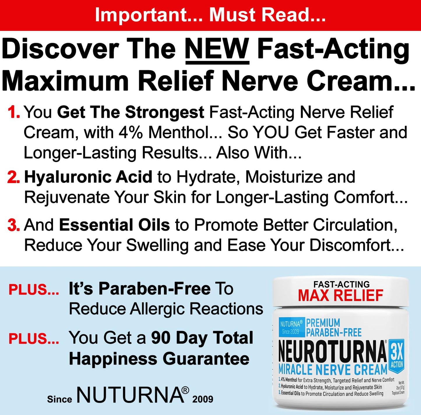 Neuropathy Nerve Relief Cream - Premium Nerve Cream 3X Action for Targeted Relief and Soothing Nerve Comfort - Maximum Strength with 4% Menthol Arnica MSM for Feet Hands Legs Toes & Back - Large 4 Oz