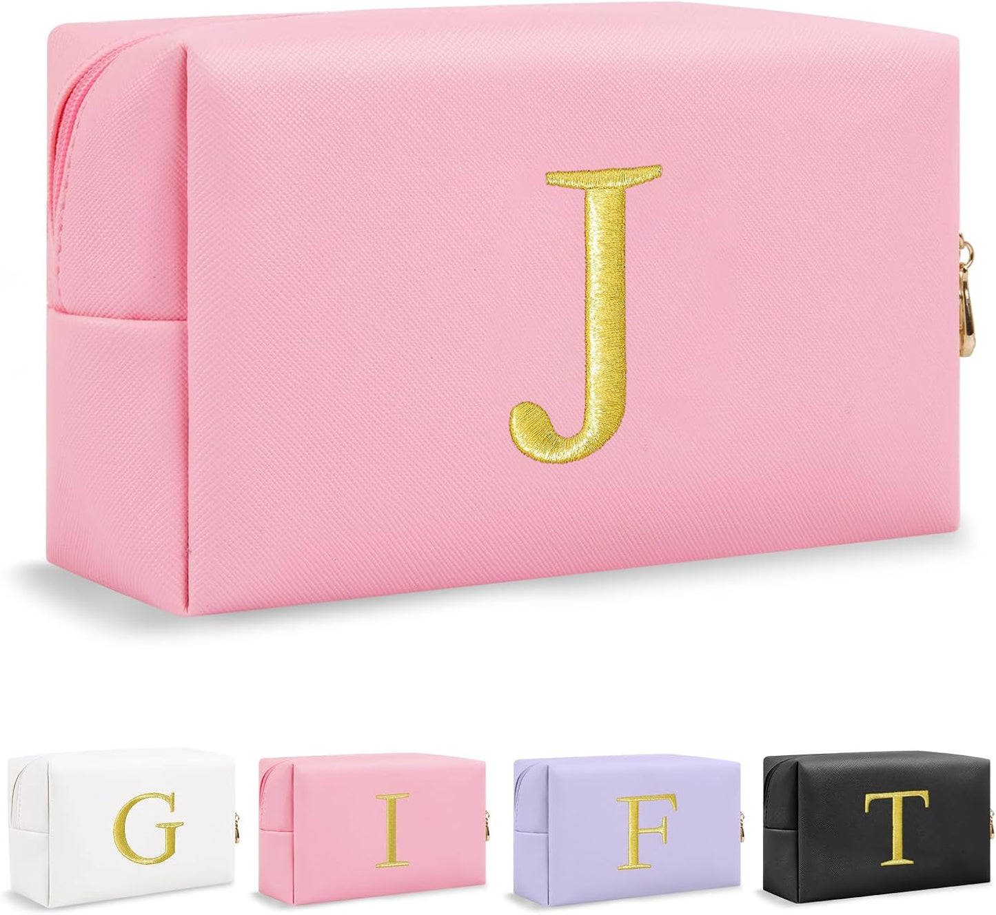 Personalized Initial Makeup Bag - Gold Embroidered Cosmetic Bag for Teens | Custom Travel Toiletry Bag (Black)