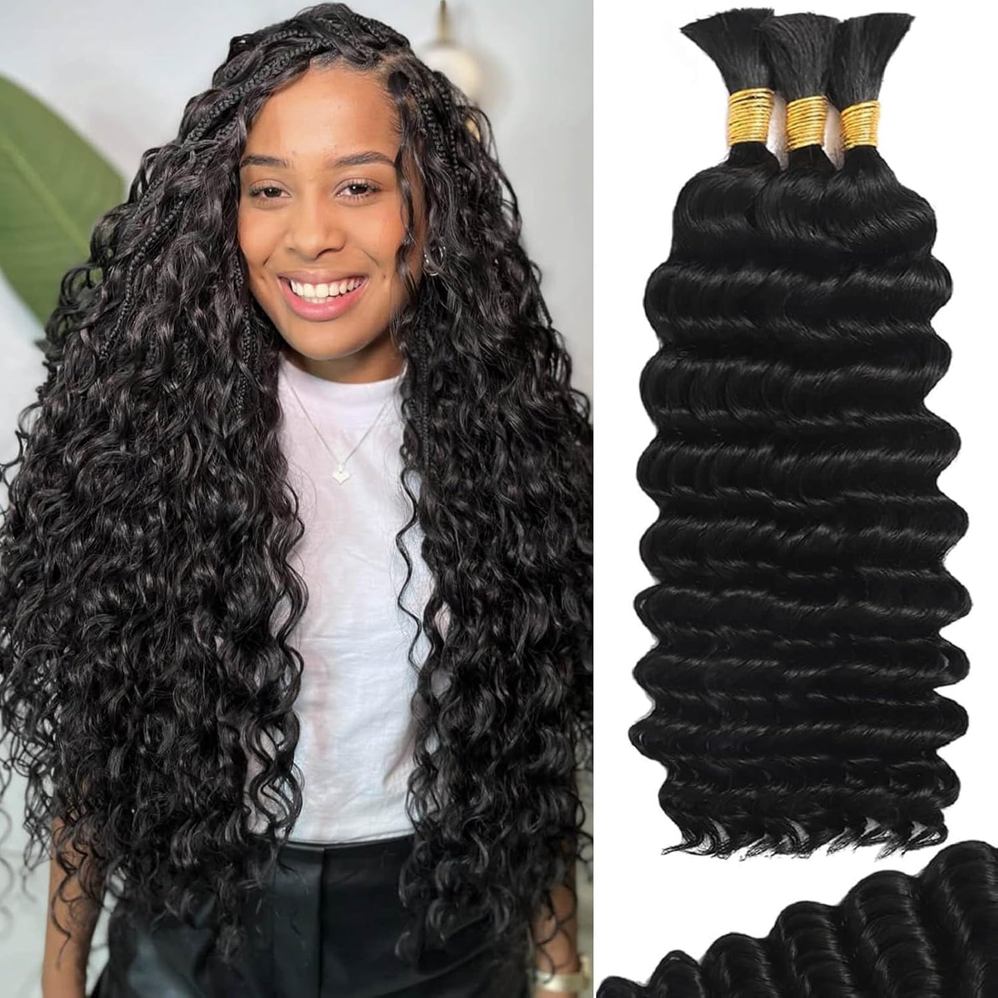 Human Braiding Hair for Boho Braids 120g 12A Deep Wave Bulk Human Hair Curly Bundles Wet and Wavy Knotless 100% Virgin Hair Extensions No Weft Bohemian Braids 3 Bundles/Pack Natural Color 16Inch