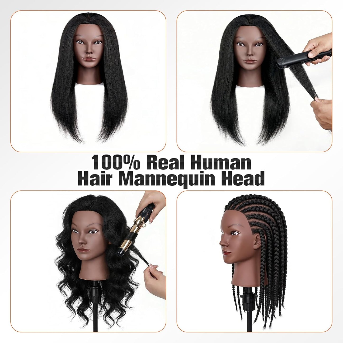 Mannequin Head - 100% Human Hair Cosmetology Training Doll for Hair Styling | 16-Inch with Clamp Holder (Black)