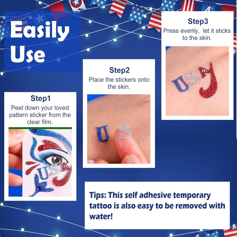 Independence Day Temporary Tattoos - 6Pcs Red, White & Blue Glitter Face Stickers | Self-Adhesive Star Art for 4th of July