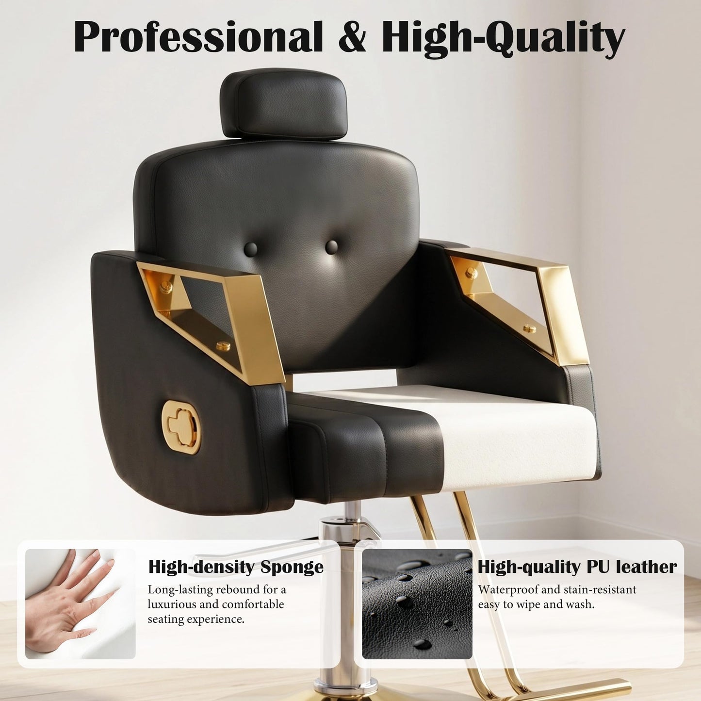 Hicomony Salon Barber Chair, Salon Chair for Hair Stylist, Hydraulic Styling Stylist Chair with PU Leather, Chair for Home Barbershop Spa, Black Gold