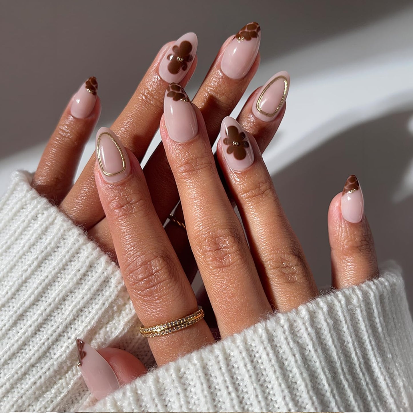 Press On Nails - Short Oval Fake Nails with Abstract White French Tips, Glossy Finish | 15 Sizes - 30 Nail Kit with Glue