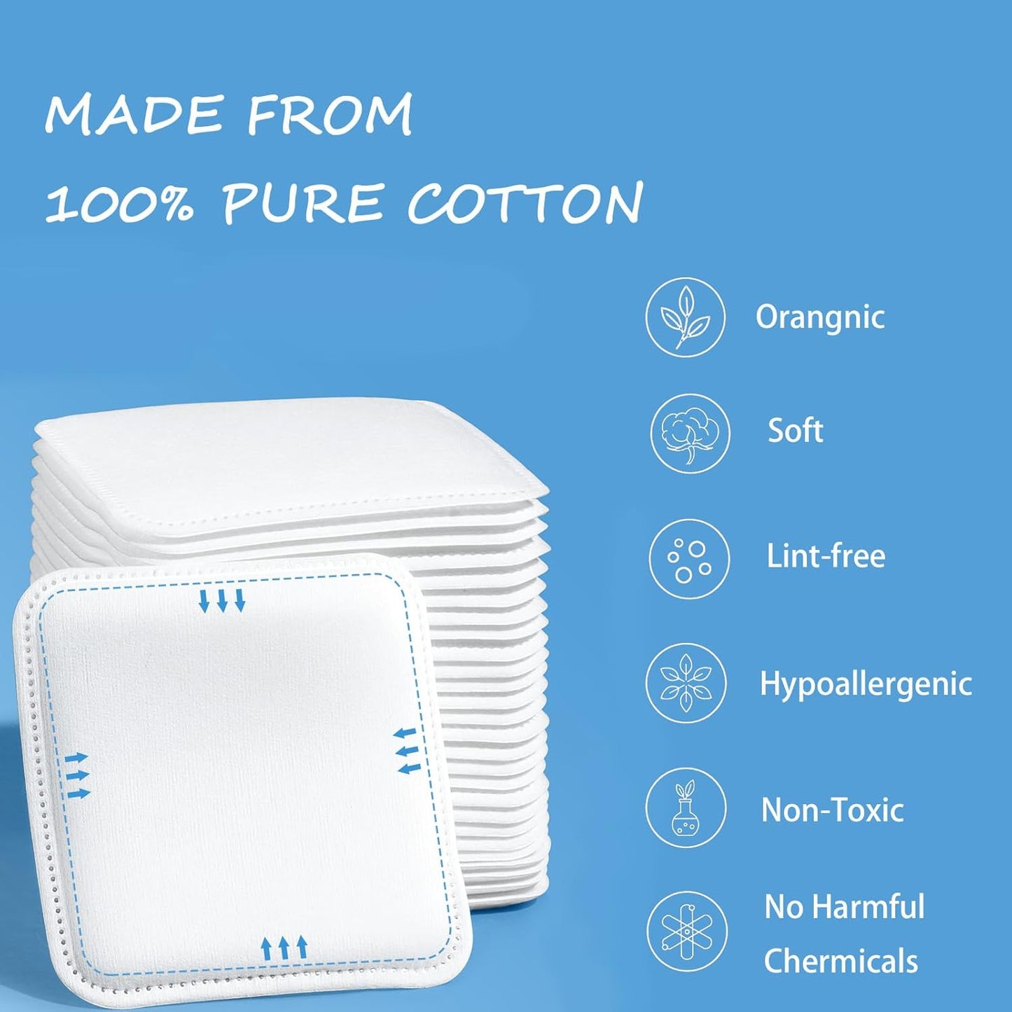 Square Cotton Pads - 150 Count Lint-Free Makeup Remover | Triple-Layer 100% Cotton, 7x7.5cm