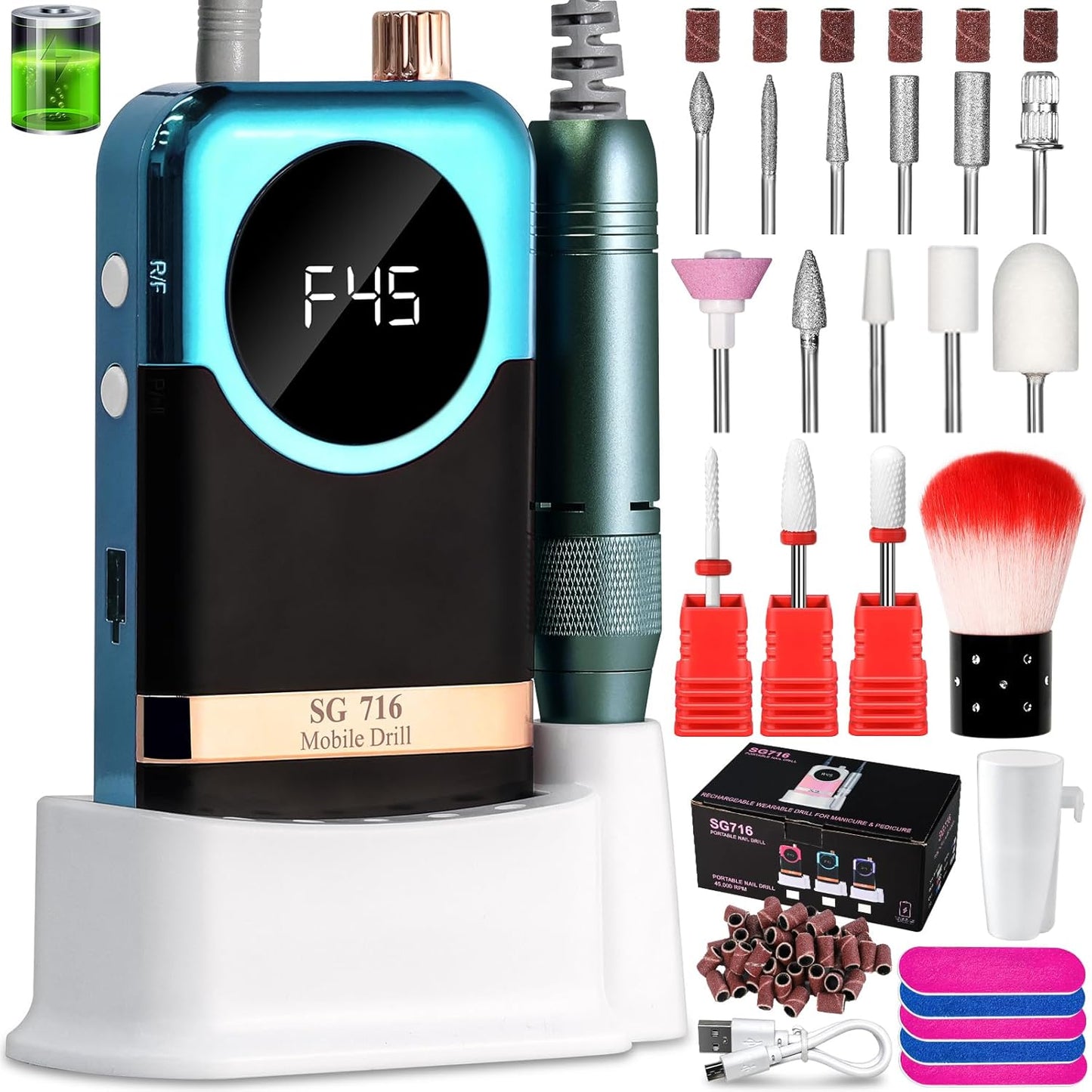 Professional Electric Nail Drill Kit - 45000RPM Cordless Toenail Machine with 14 Drill Bits | Portable Green