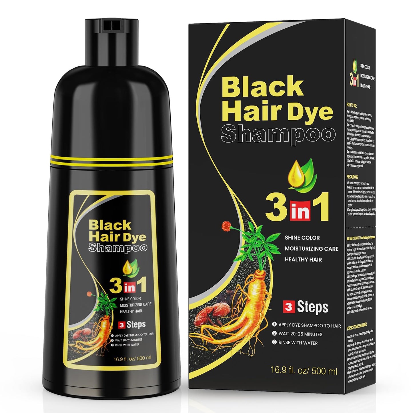 KAISASA Black Hair Dye Shampoo 3 in 1 for Gray Hair, Hair Color Shampoo for Women Men Grey Hair Coverage 500ml (Black)