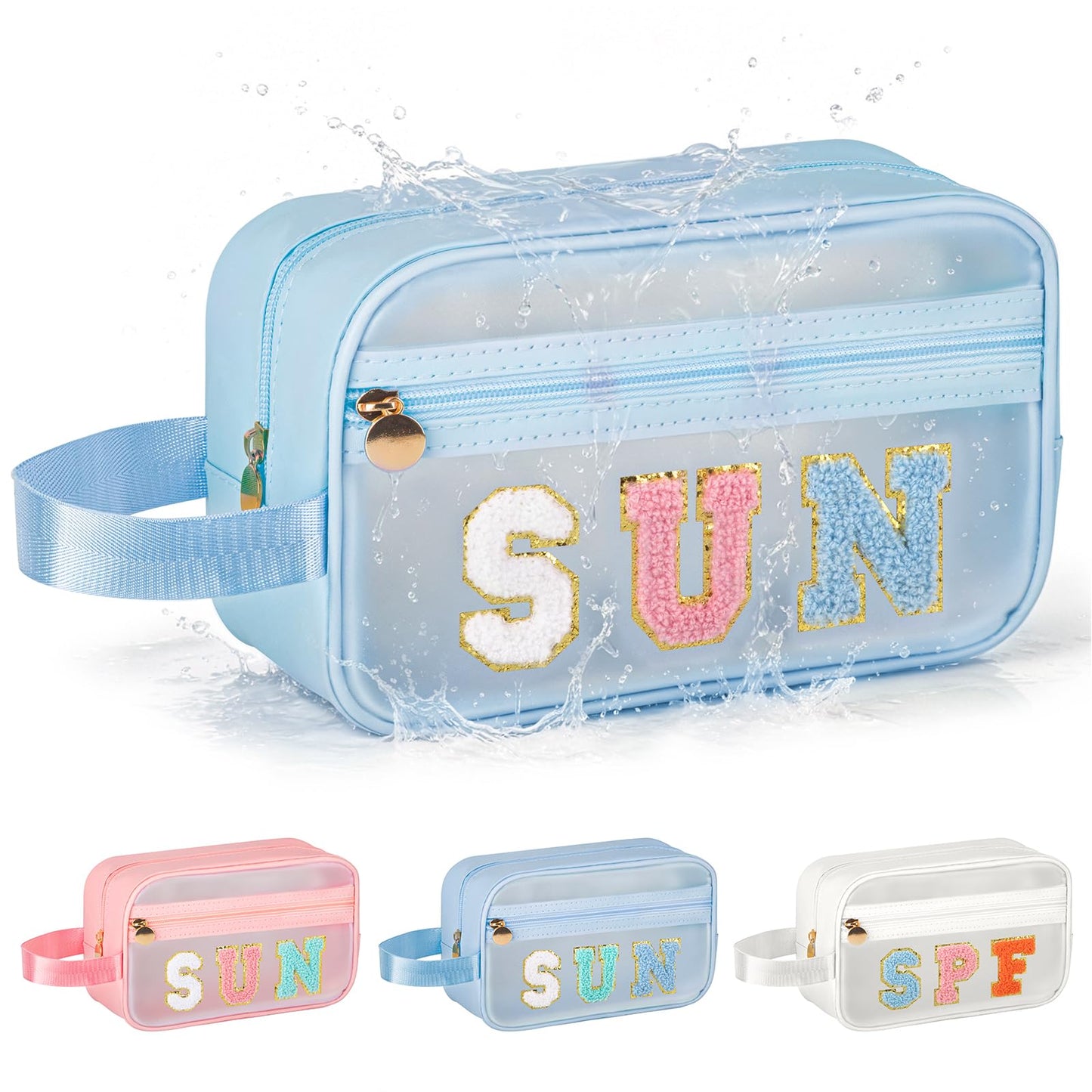 Kcjdd Clear Sunscreen Bags For Beach Pool With Handle, Waterproof Personalized Sun Bag Travel Toiletry Makeup Bag,Travel Beach Pool Summer Essentials SPF Bag For Women Girls(