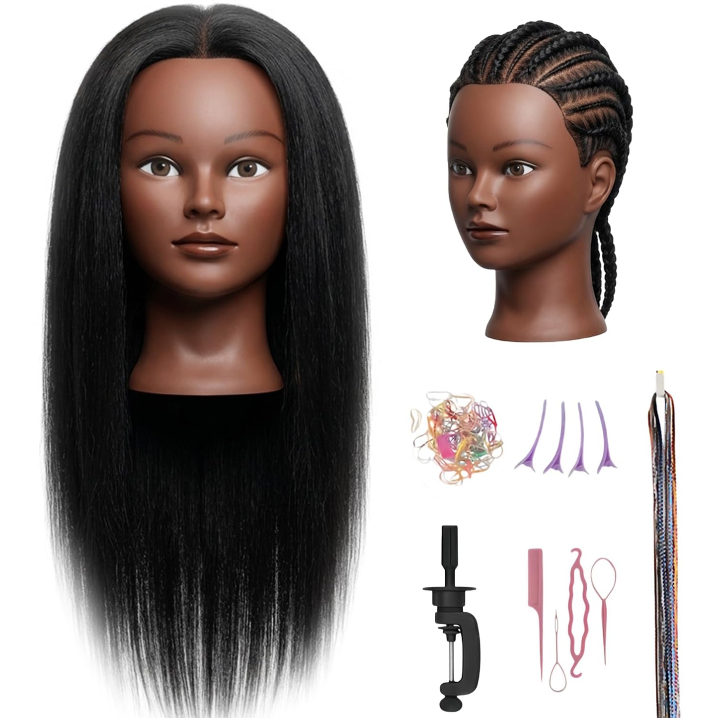 Mannequin Head Human Hair 16 Inch, 100% Real Human Hair Cosmetology Mannequin Head with Clamp Stand, Professional Hair Manikin Doll Head for Braiding, Styling & Hairdresser Training (Black-16inch)