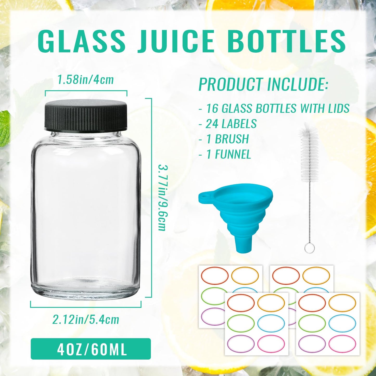 CAKKVDE 16 Pack 4 oz Glass Ginger Shots Bottles with Black Caps