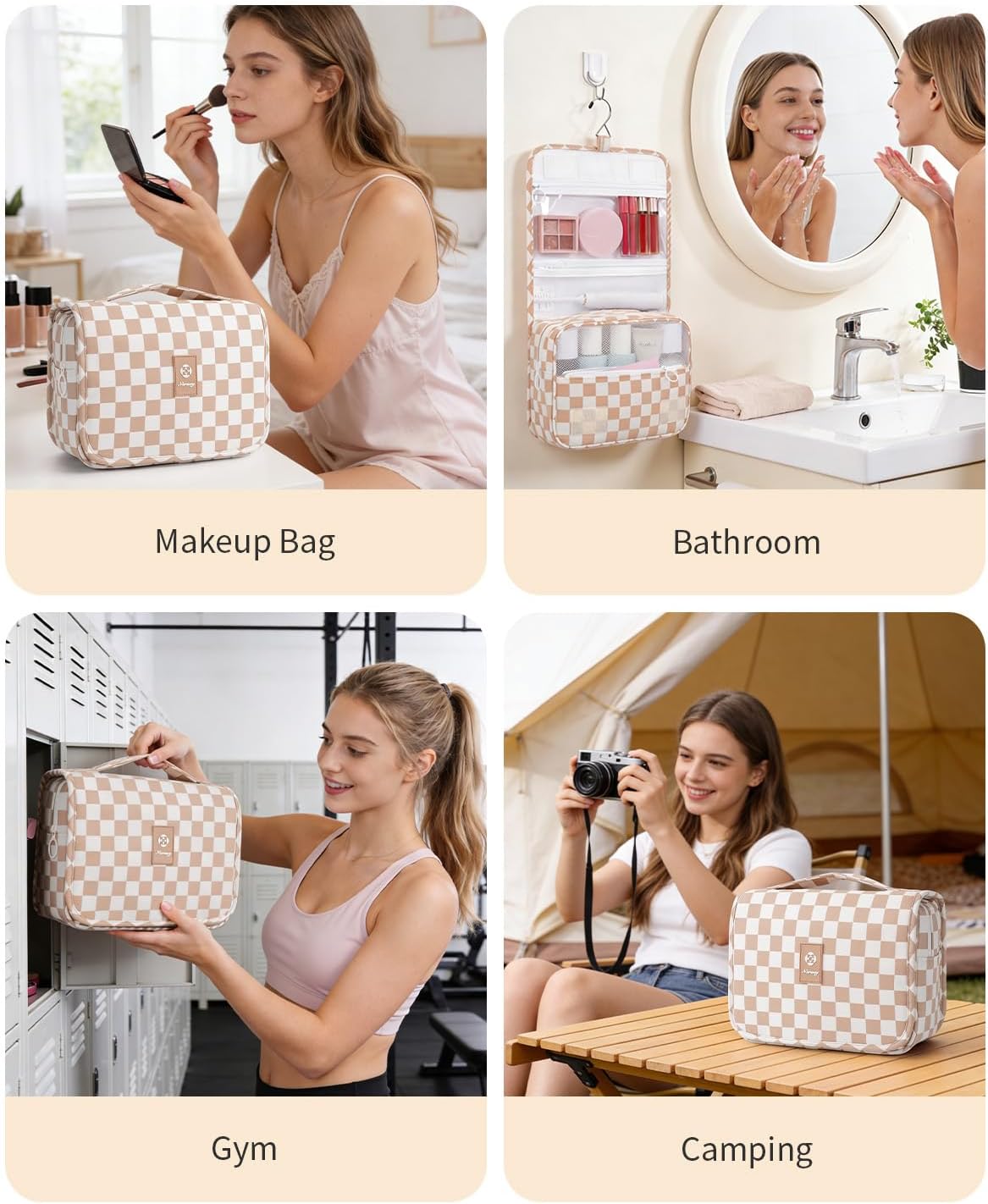 Travel Toiletry Bag - Small Hanging Makeup Organizer for Women | Light Brown Checkerboard Design
