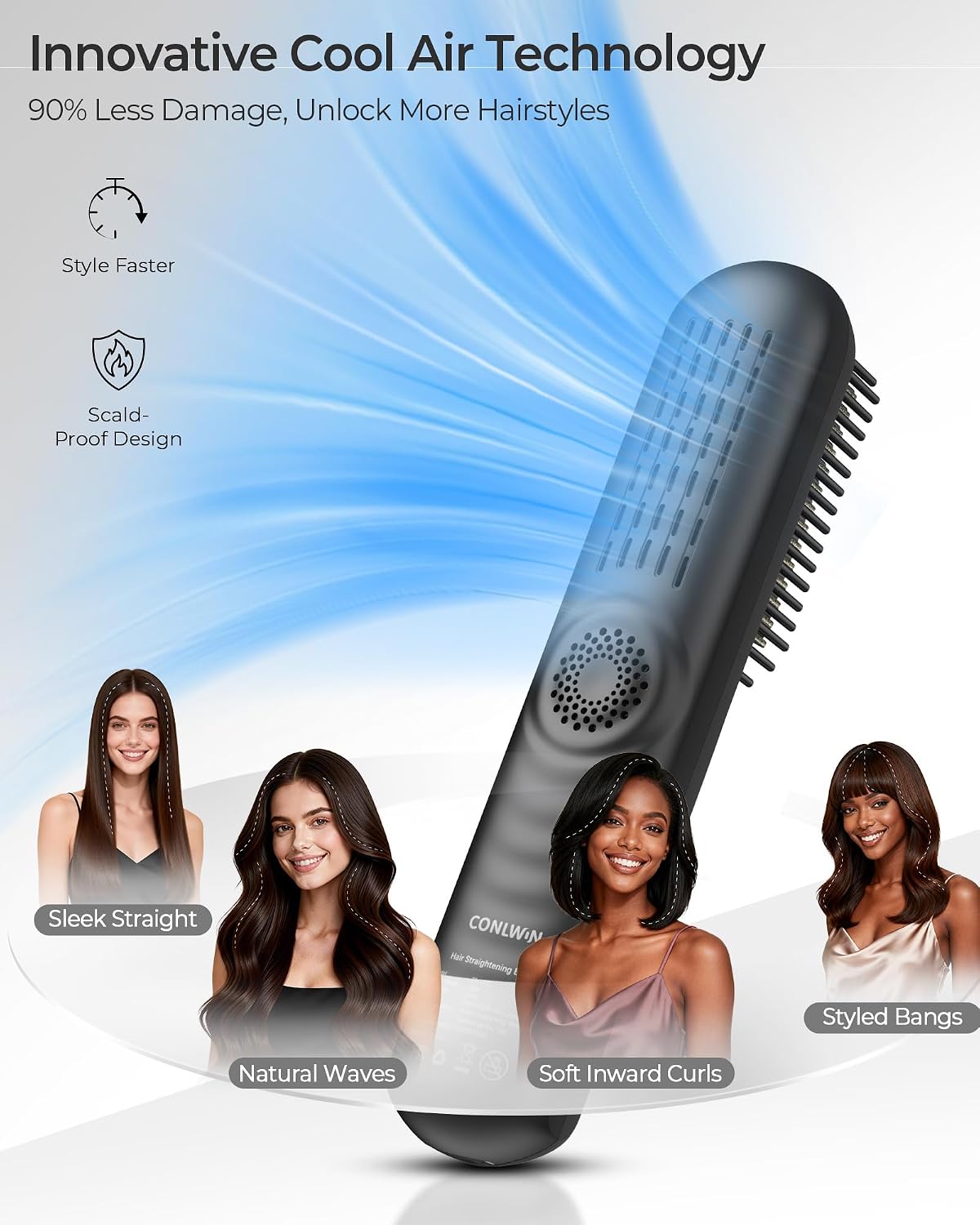 Cordless Hair Straightener Brush - Portable Mini Travel Straightener for Thick Curly Hair | 350M Negative Ions, Fast Heating