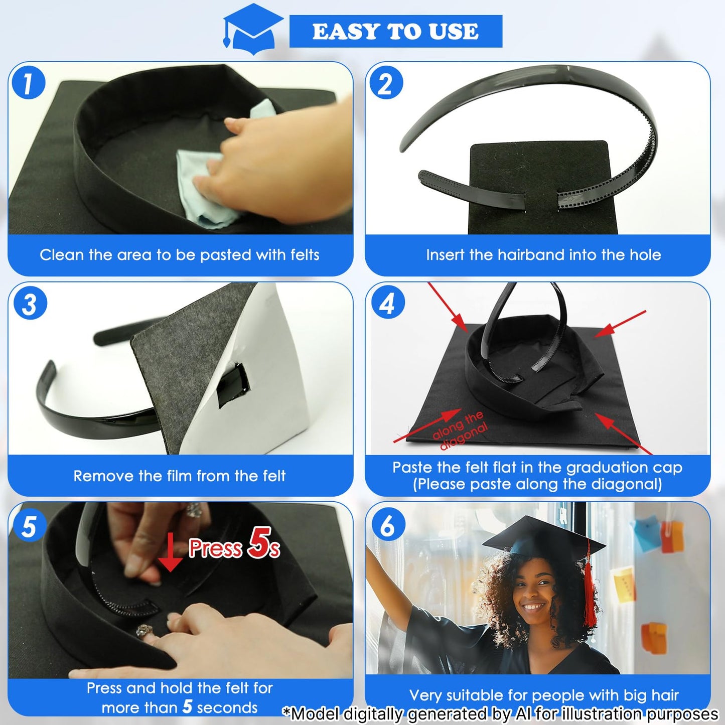 GIURKUU Graduation Cap Headband, Firm Anti-fall HairBand for Graduation Hat, Graduation Gifts Hat Accessories for Graduates, Students, Women (Grad Cap Not Included)