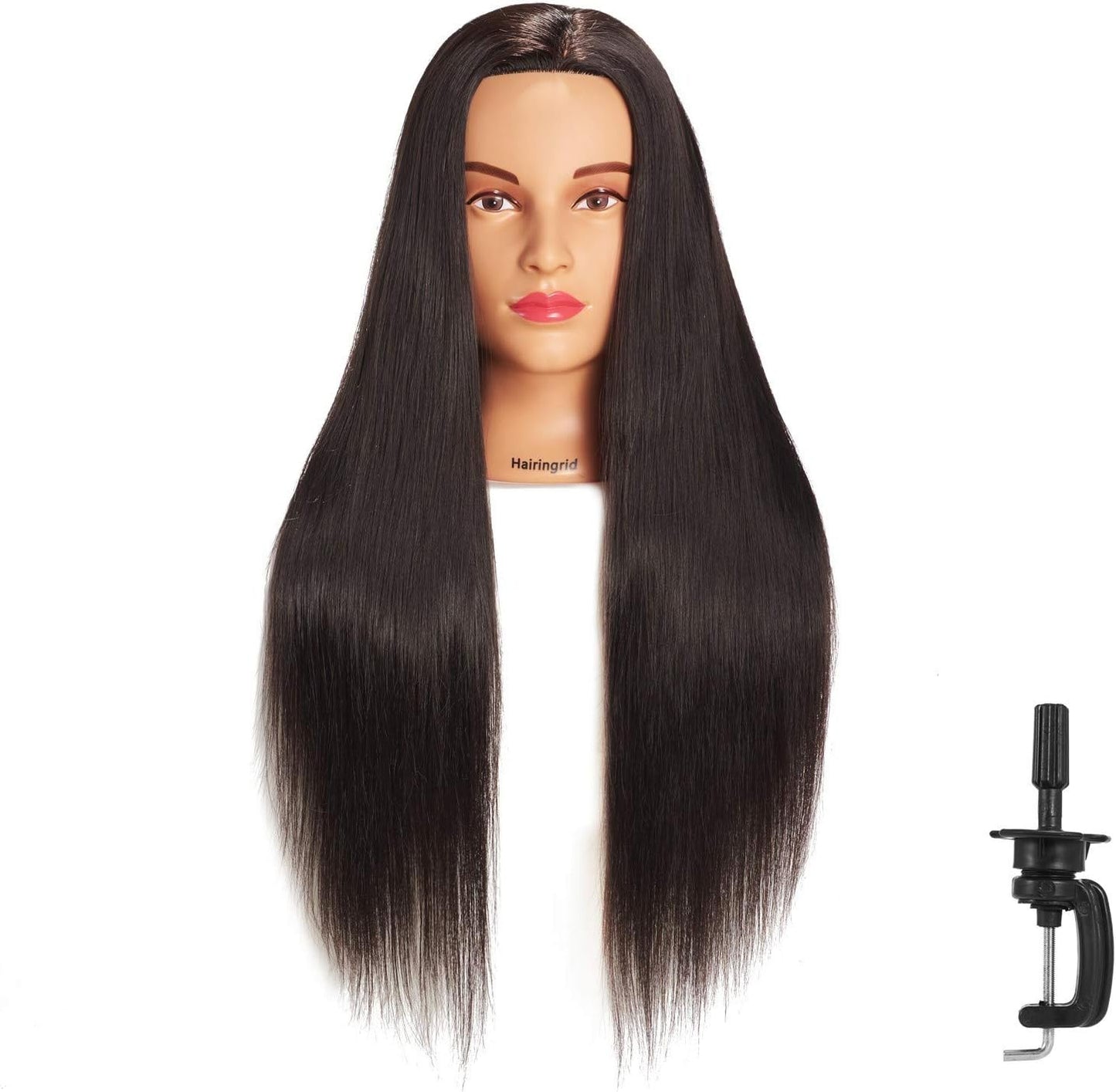 Hairingrid Mannequin Head - 26"-28" Hair Styling Training Doll with Synthetic Fiber Hair | Includes Free Clamp Holder (Black)