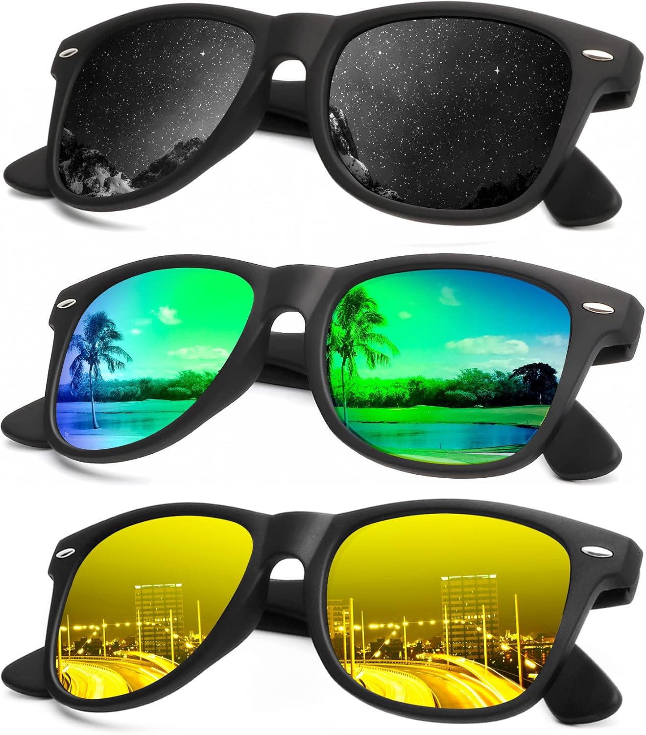 KALIYADI Polarized Sunglasses - Matte Finish, UV Blocking, Color Mirror Lenses | 3-Pack for Men & Women