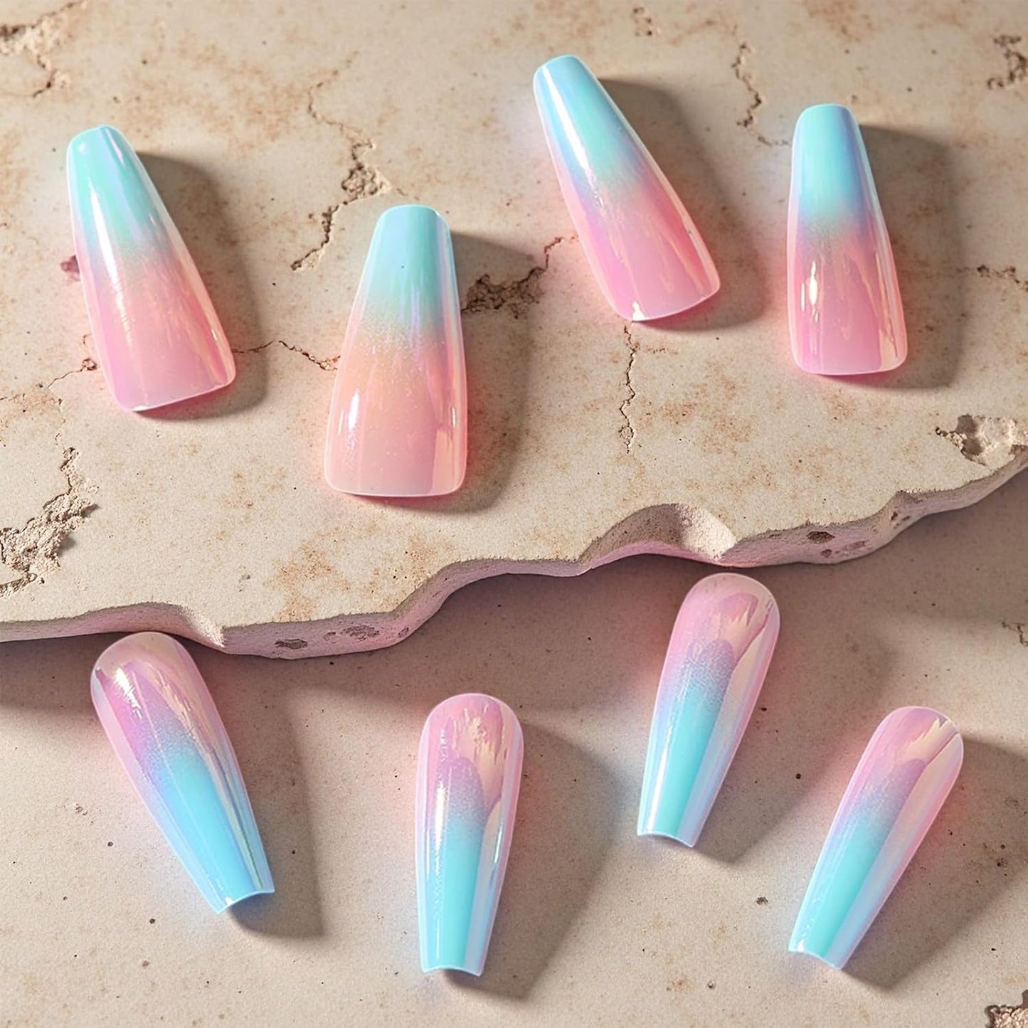 Press On Nails - Pink Blue Gradient Long Coffin Glossy Acrylic | 24 Pcs Reusable Full Cover for Summer Beach Wear