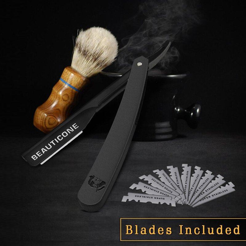 BEAUTICONE® Straight Razors for Men – Professional Barber Straight Edge Razor Kit with Replaceable Single Edge Blades - Navajas Para Barbero - Pouch Gift Box 1.2 mm Exposed for Close Shave Ultra Light