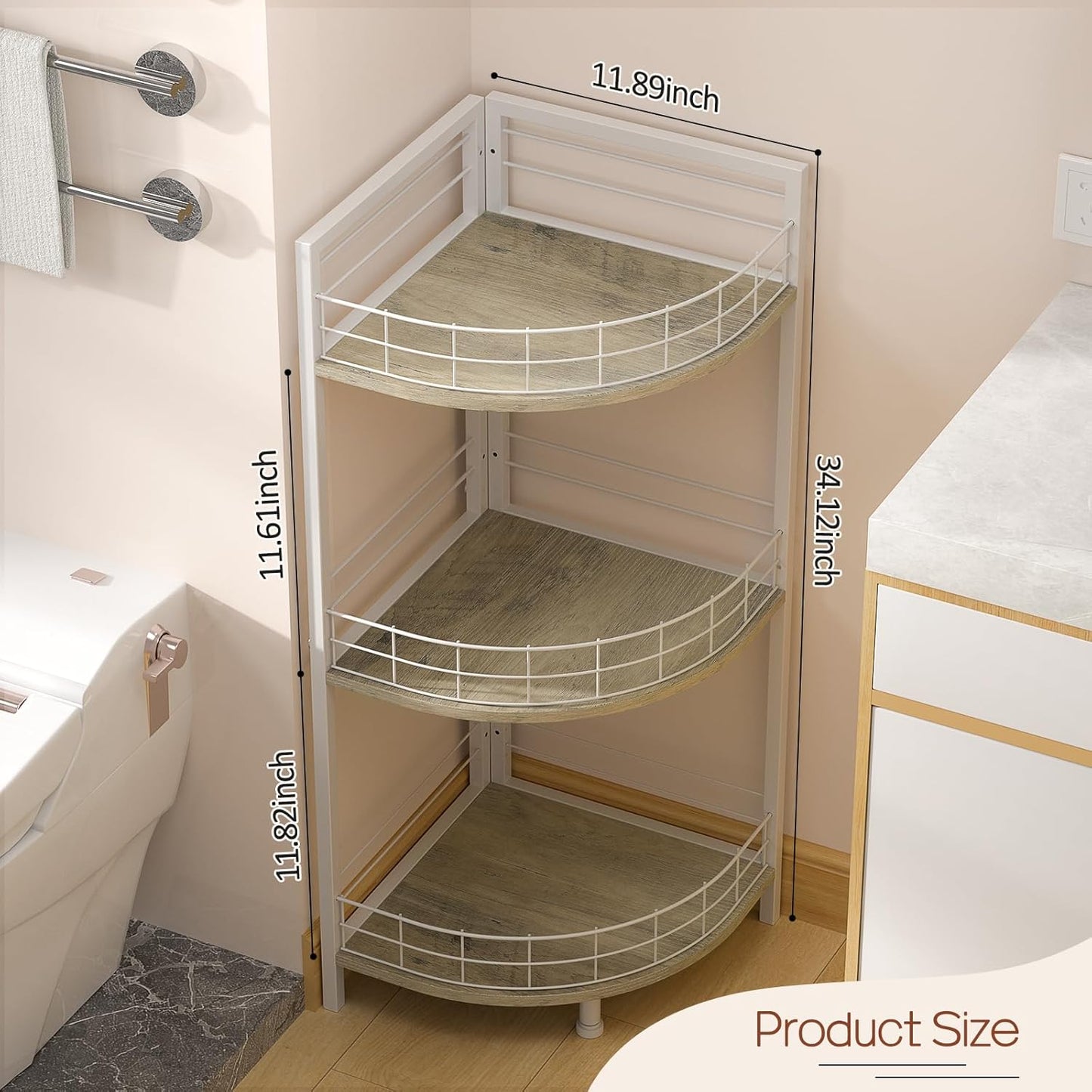 Bathroom Standing Shelf - 3 Tier Free-Standing Storage Unit | Triangular Curved Corner Design for Small Spaces