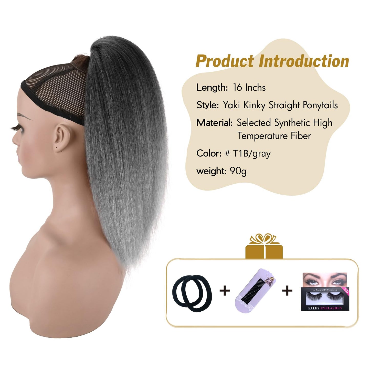 UAmy hair Grey Yaki Straight Drawstring Ponytail for Women 16inch Salt and Pepper Yaki Pony Tail Clip in Hairpiece Shoulder Length Synthetic Kinky Straight Ponytail hair Extension(T1B/Gray)