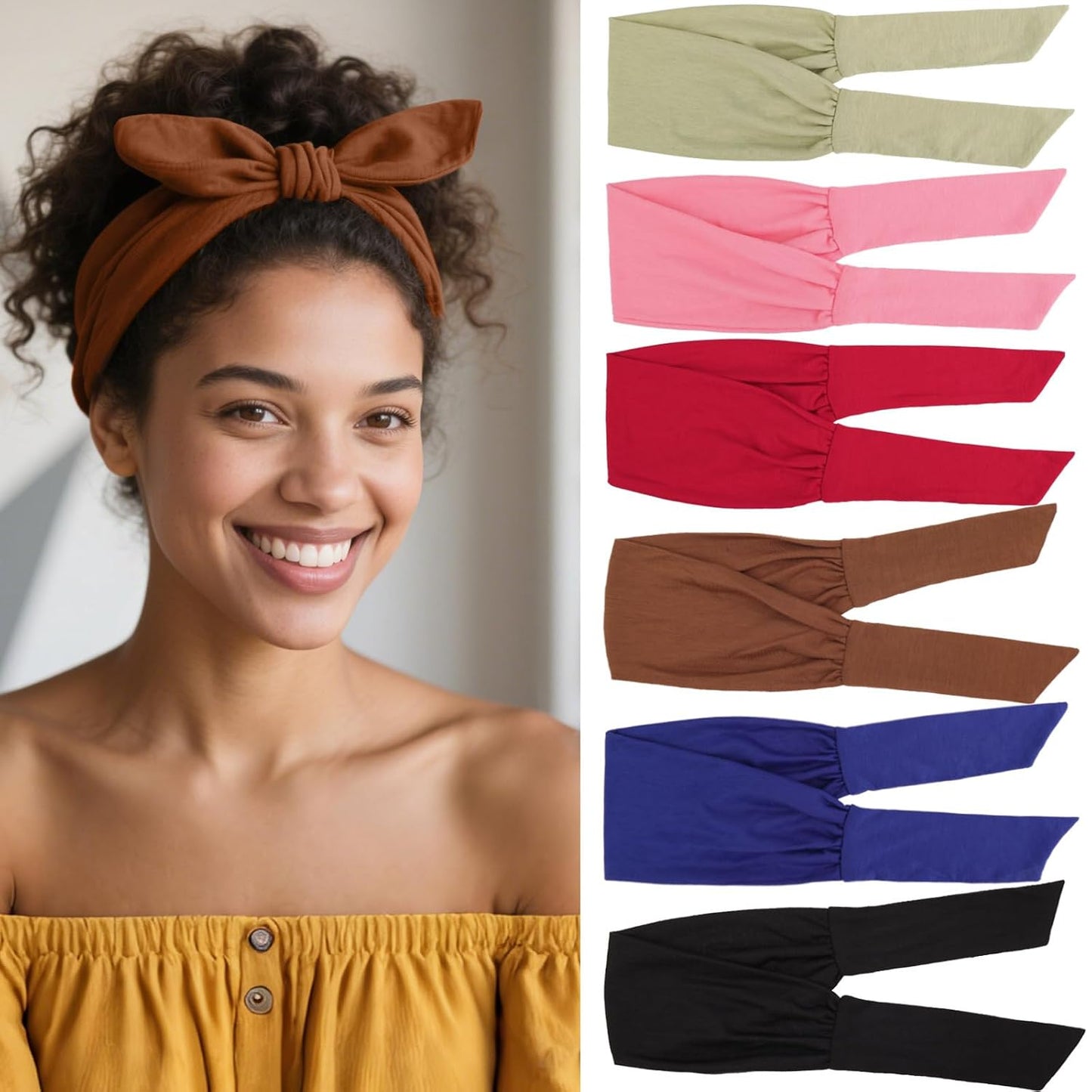 Adjustable Boho Headbands for Women - 6 Elastic Knotted Hair Accessories | Fashionable Wide Yoga Workout Bands