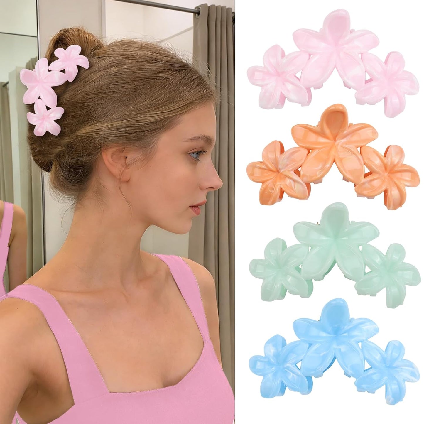 Cute Hawaiian Flower Claw Hair Clips - 4Pcs Large Clips for Thick or Thin Hair | Pink & Red Beach Accessories