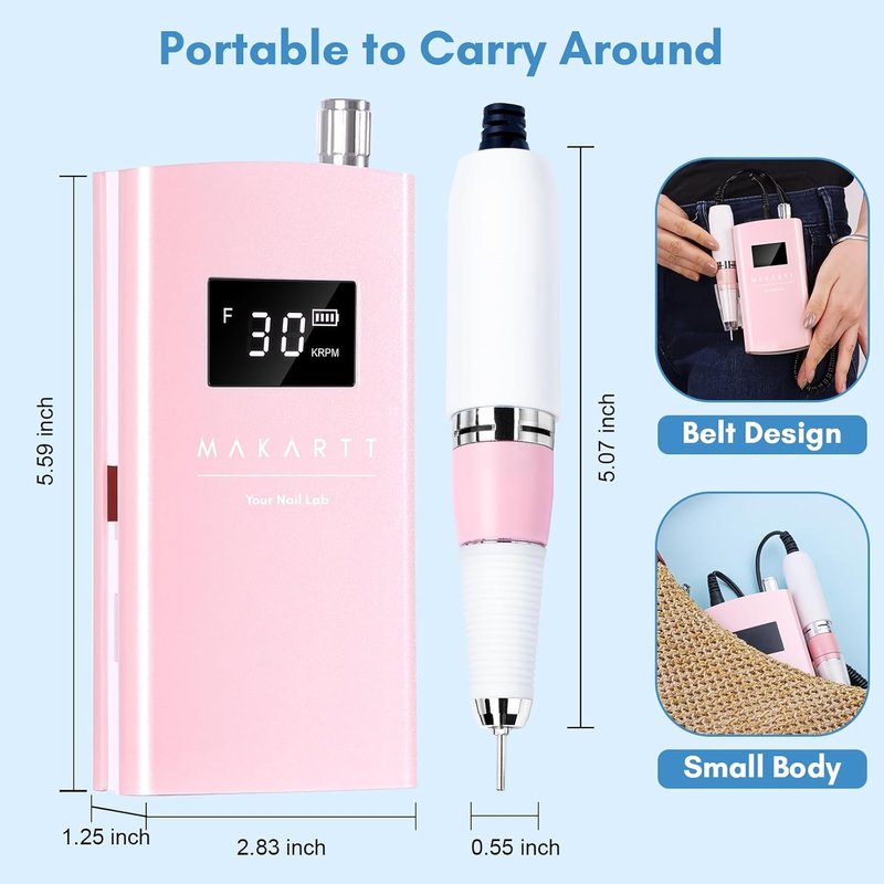Cordless Electric Nail Drill - 30,000RPM E File for Acrylic & Gel Removal | 8.5H Battery, Quiet, LCD Display, Portable in Pearly Pink