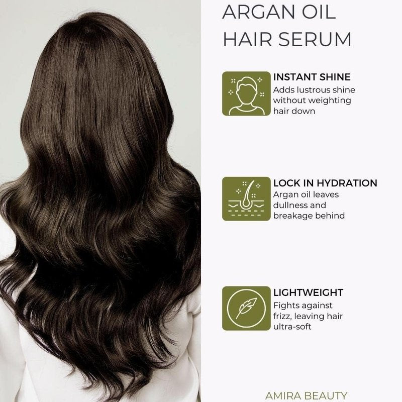 Amira Beauty Hair Repair Serum Argan Oil - Shine, Growth, Frizz Control, Smoothing, Strengthening Heat Protection For All Hair Types 4Fl. oz