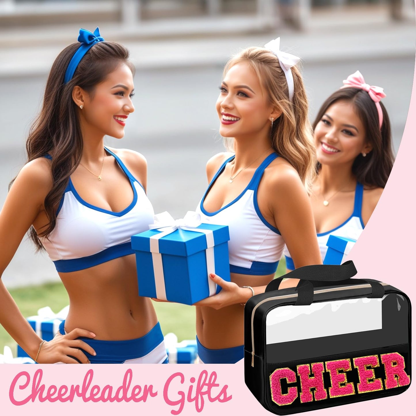 JOJOPOLLO Chenille Pink Letter Cheer Bag Cheerleader Gifts for Team Women Girls Cheer Stuff Accessories Makeup Bag with Handle and Zipper, Cheer Gifts