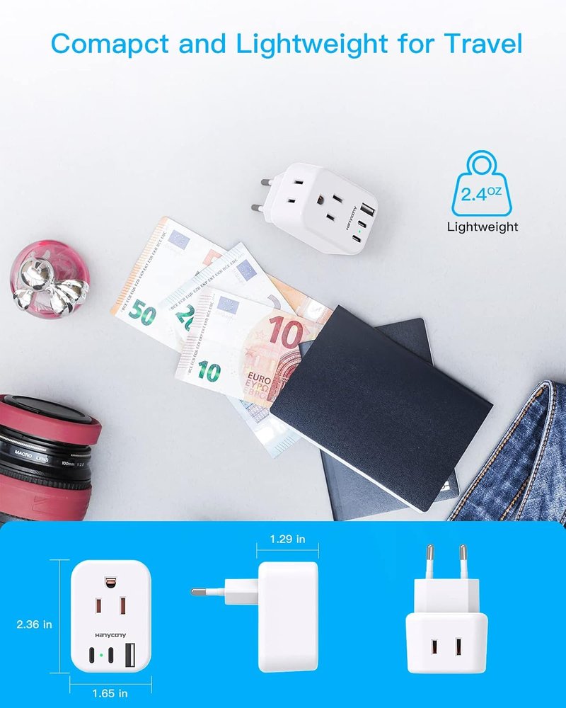 Travel Plug Adapter - USB C International Converter for Europe | 2 Outlets & 3 USB Ports for Italy, Spain, France, Germany