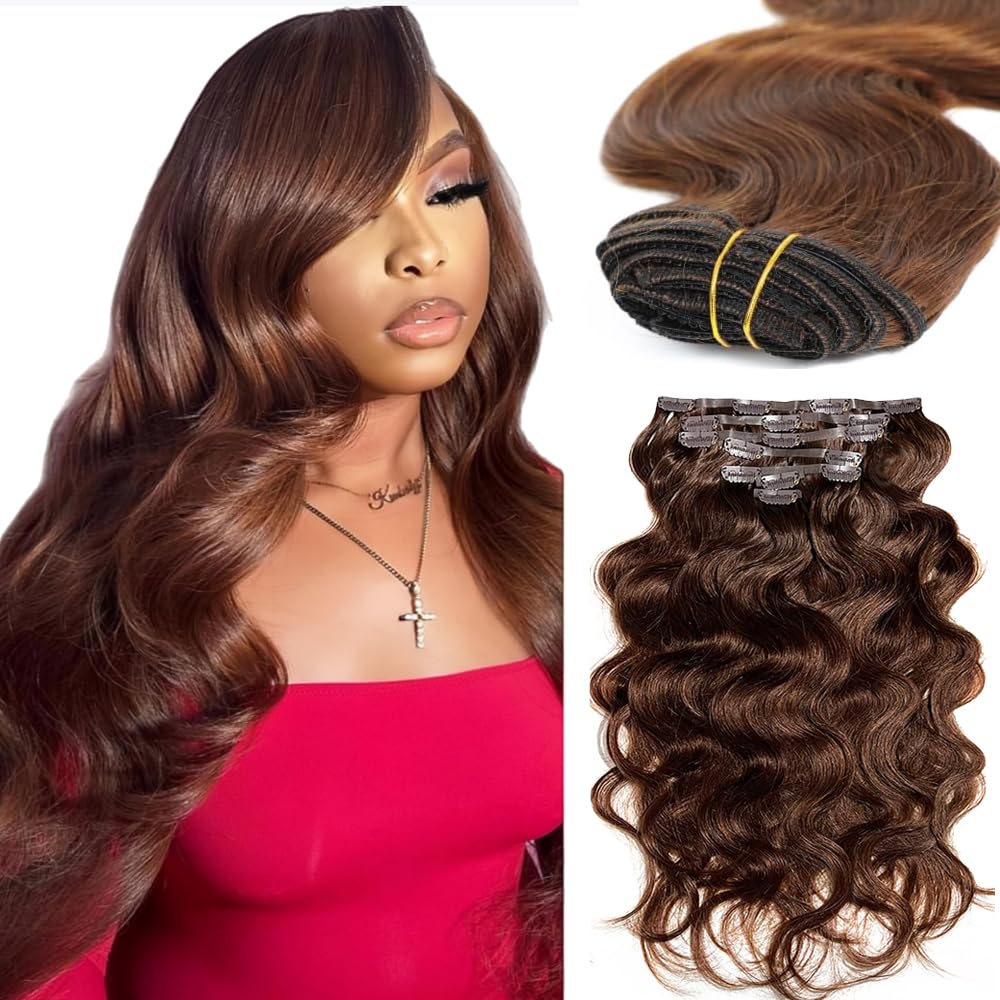 #4 Brown Clip in Hair Extensions Real Human Hair,18 Inch 120g/7Pcs,Full Shine Dark Brown Remy Human Hair,Chocolate Brown Body Wave Clip ins Brazilian Hair Extensions
