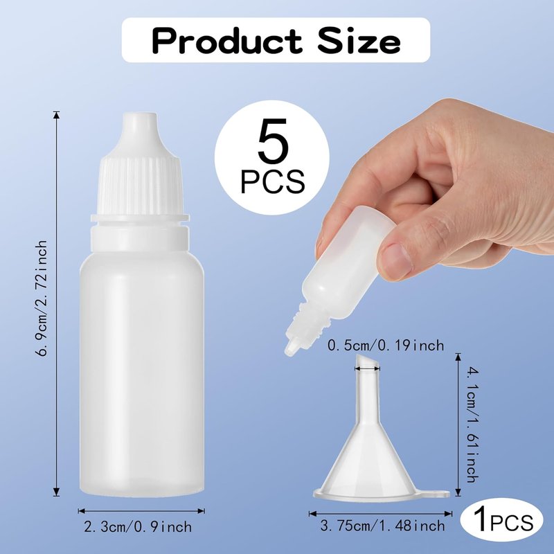 15ml Small Plastic Dropper Bottles - 6 Pcs (5 Bottles + 1 Funnel) | Squeezable Travel Containers for Eye Drops & Beauty Products