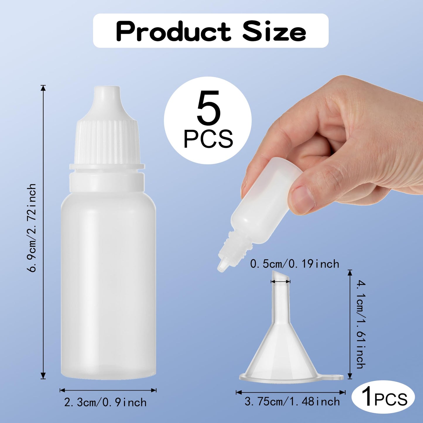 LIIAFUO 6 Pcs (5 Bottles + 1 Funnel) 15ml (0.5oz) Small Plastic Dropper Bottle,White Eye Liquid Dropper Bottles,Squeezable & Portable Travel Containers for Eye Drops,Personal Care,Beauty Products