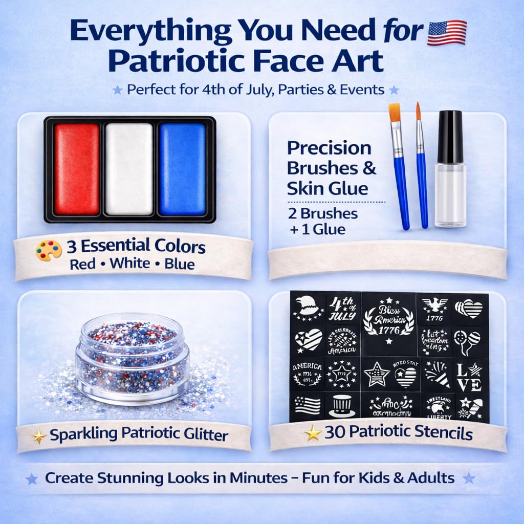 Oiomniv Red White Blue Face Paint Kit for Kids & Adults, Patriotic Face Paint with Glitter, 30 Stencils, Water-Based USA Flag Face Paint for 4th of July, Independence Day, Sports, Parties