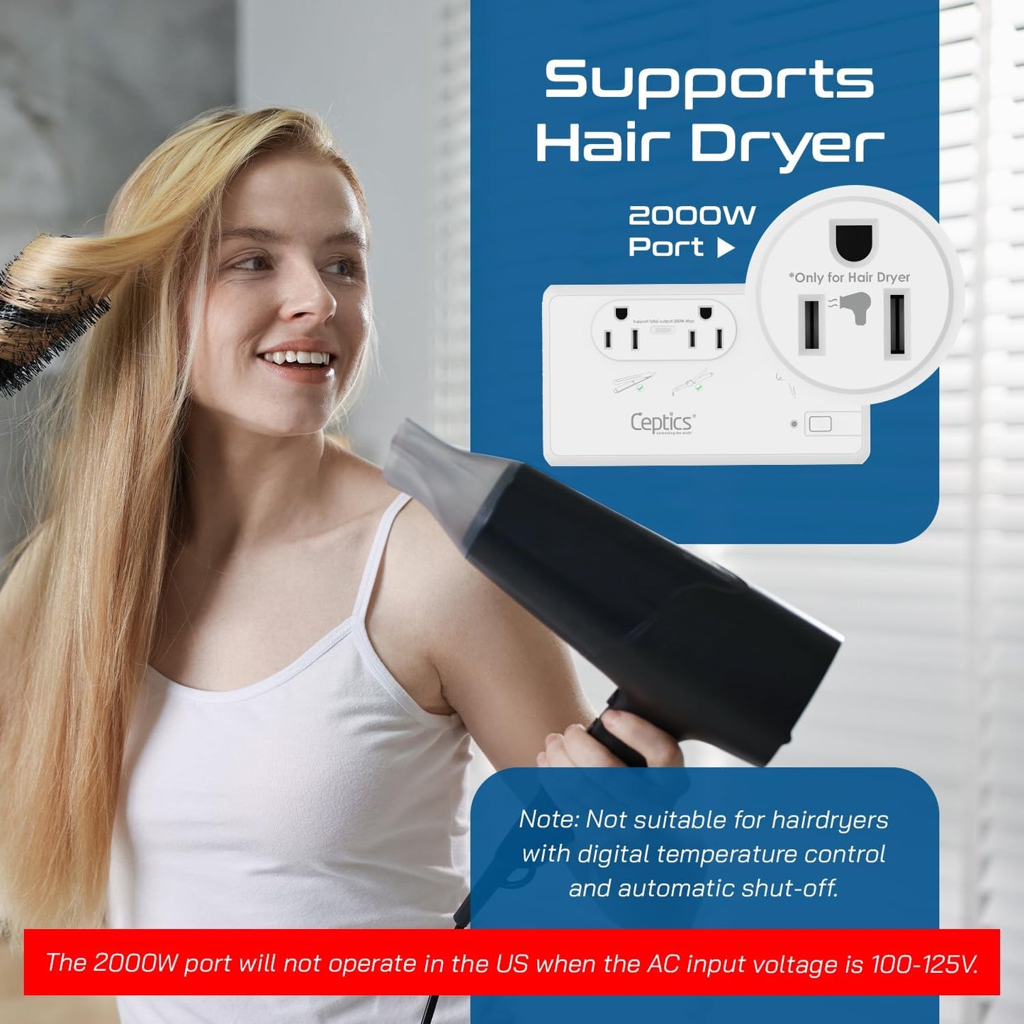 2000W Travel Voltage Converter - Step Down 220V to 110V for Hair Dryers, Curling Irons & Chargers | 4 USB Ports, QC 3.0
