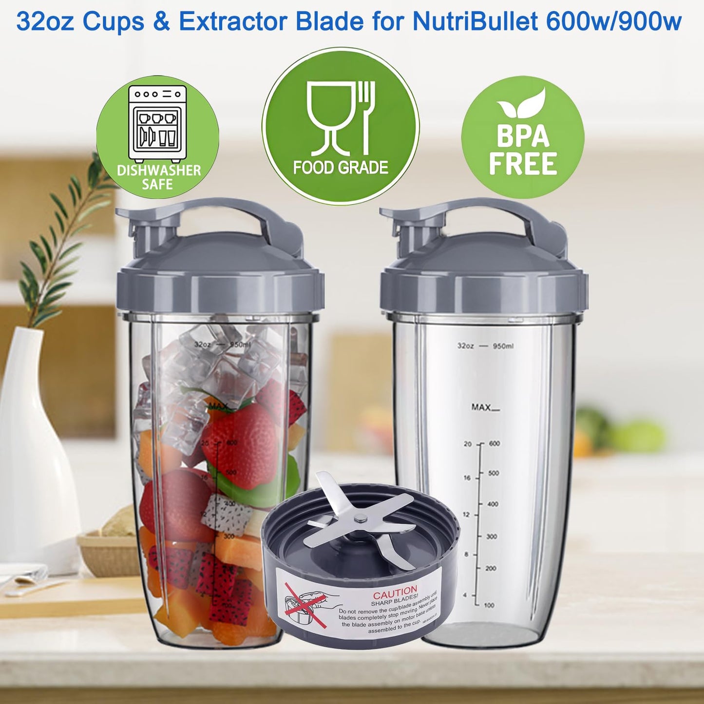 For nutribullet Blender Cups & Blade Replacement Set 32oz Huge Cup with 2 Flip-Top To-Go Lid and 1 Lid Ring Handle, Extractor Blade Replacement Blender Parts for NutriBullet 600w/900w Blender