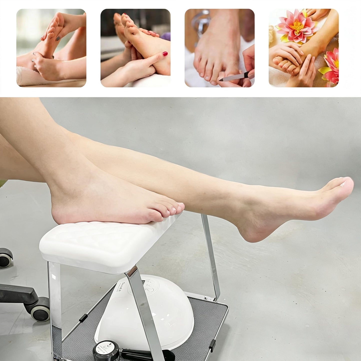 Erxewim Pedicure Foot Rest with Wheels for Nail Art Techs, Foot Therapy Pedicure Cart with Storage Tray, Soft Cushion & Stainless Steel Stand, Pedicure Stool for Salons, Spa, Massage, Home (White)