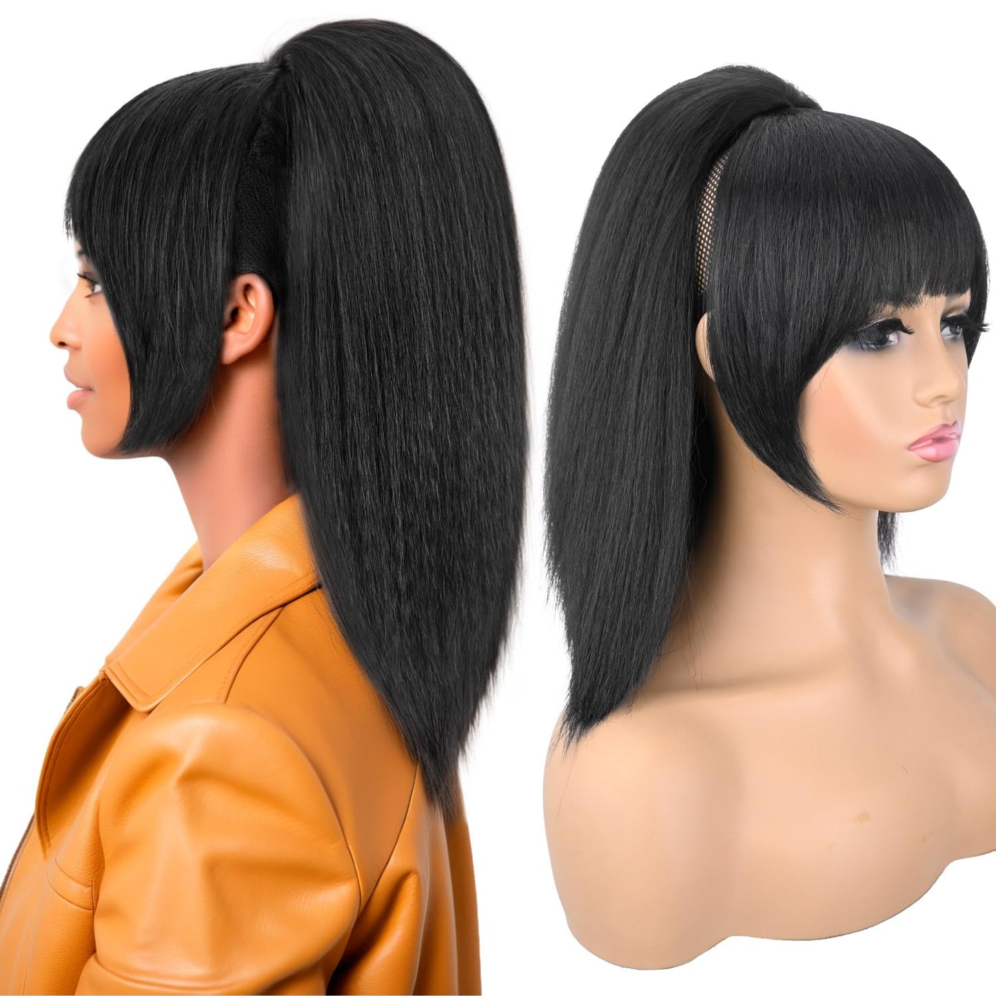 Ponytail Extension with Bangs - Yaki Straight Synthetic Hairpiece | 16-Inch Clip-In for Black Women (Black Brown)