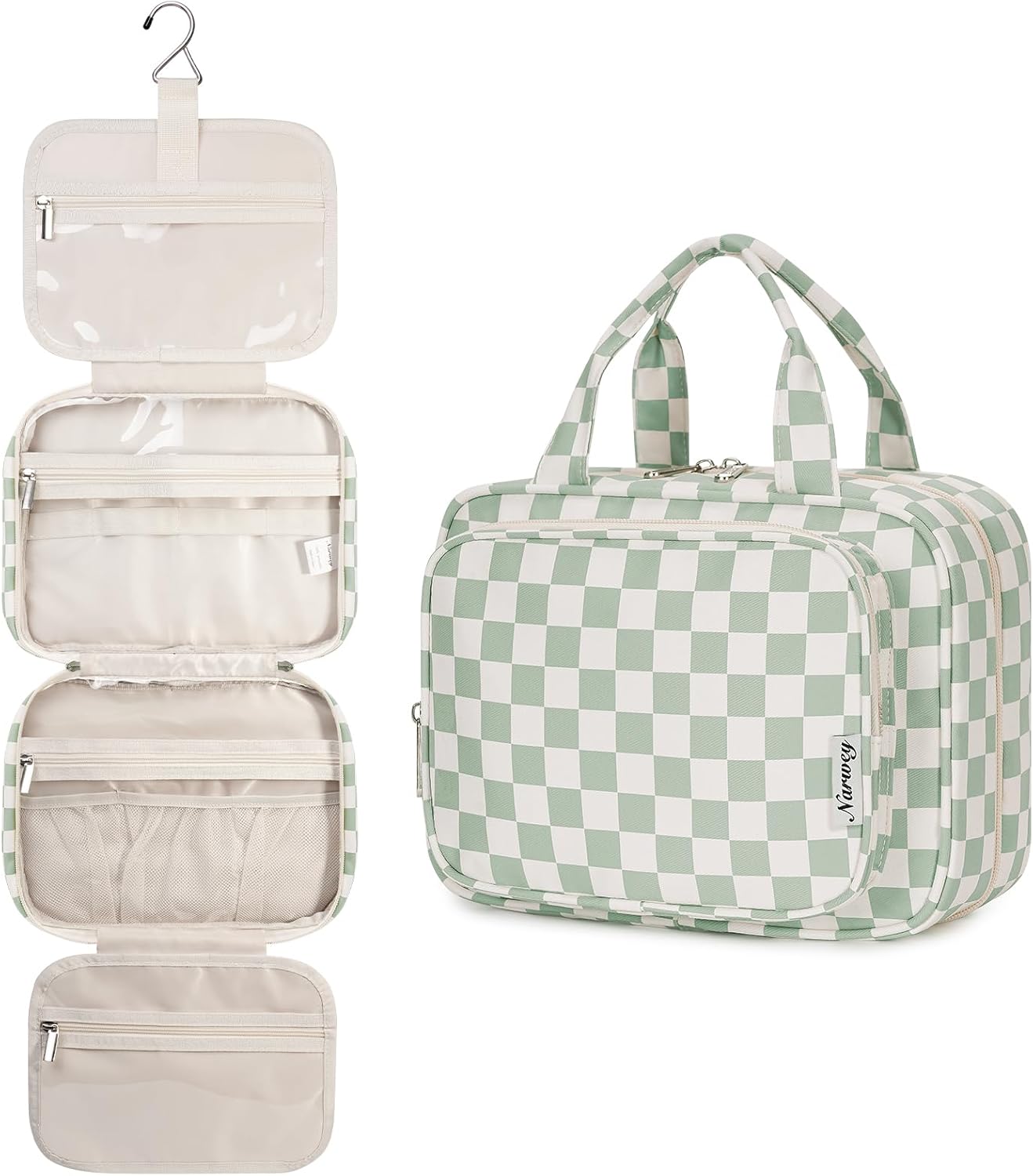 Striped Hanging Toiletry Bag for Women - Travel Makeup Organizer | Medium Dusty Pink Stripe