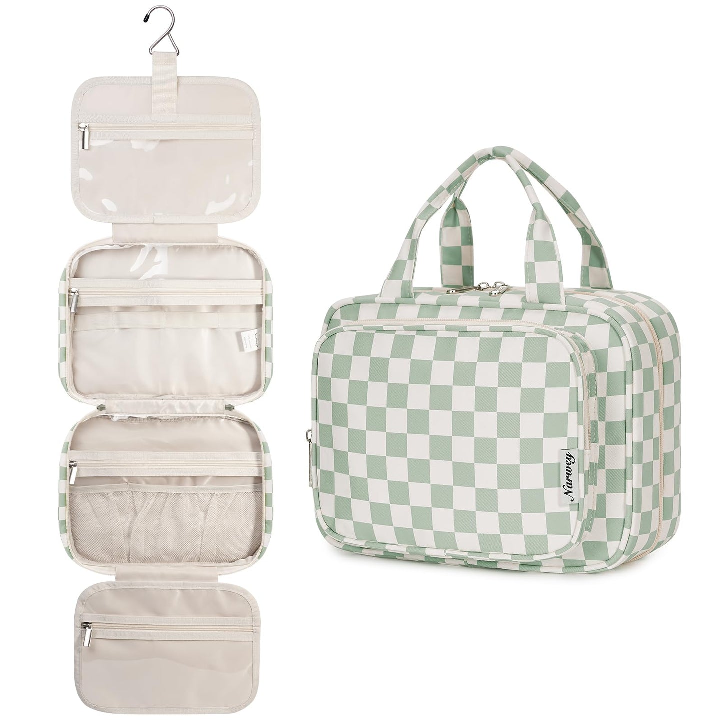 Narwey Hanging Toiletry Bag for Women Travel Checkered Makeup Bag Organizer Toiletries Bag for Travel Size Essentials, Accessories, Brushes, Cosmetics (Green Checkerboard (Medium))