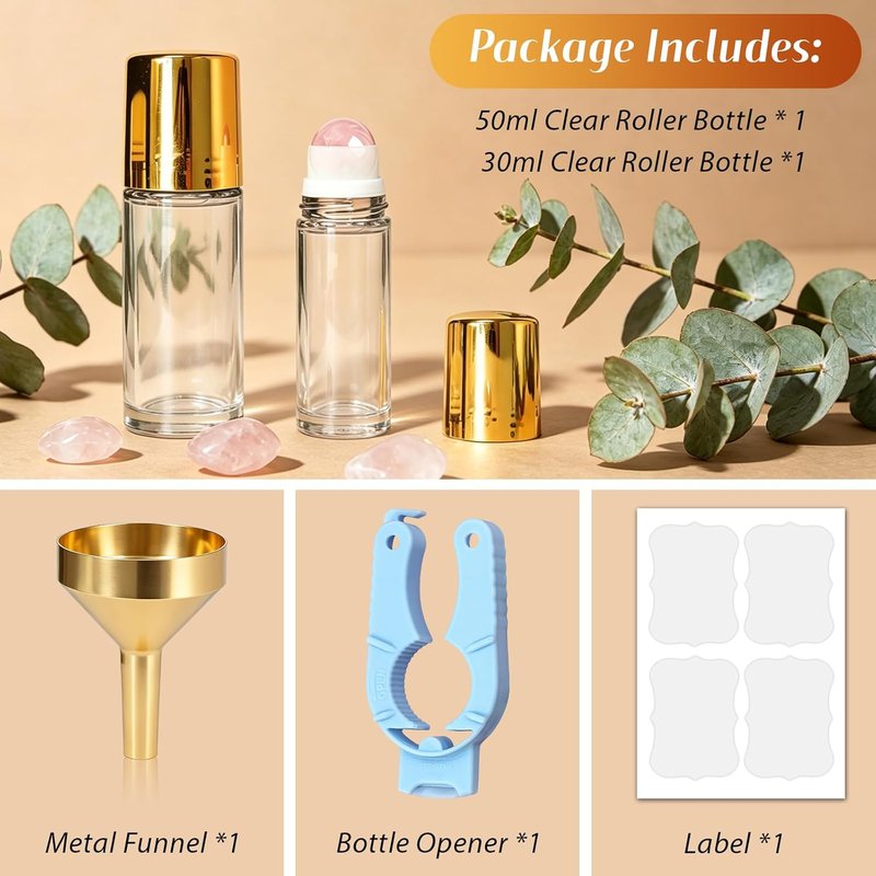 Rose Quartz Roller Bottles - 2 Pack Leakproof Glass Essential Oil Containers | 50ml & 30ml Sizes for Perfume & DIY
