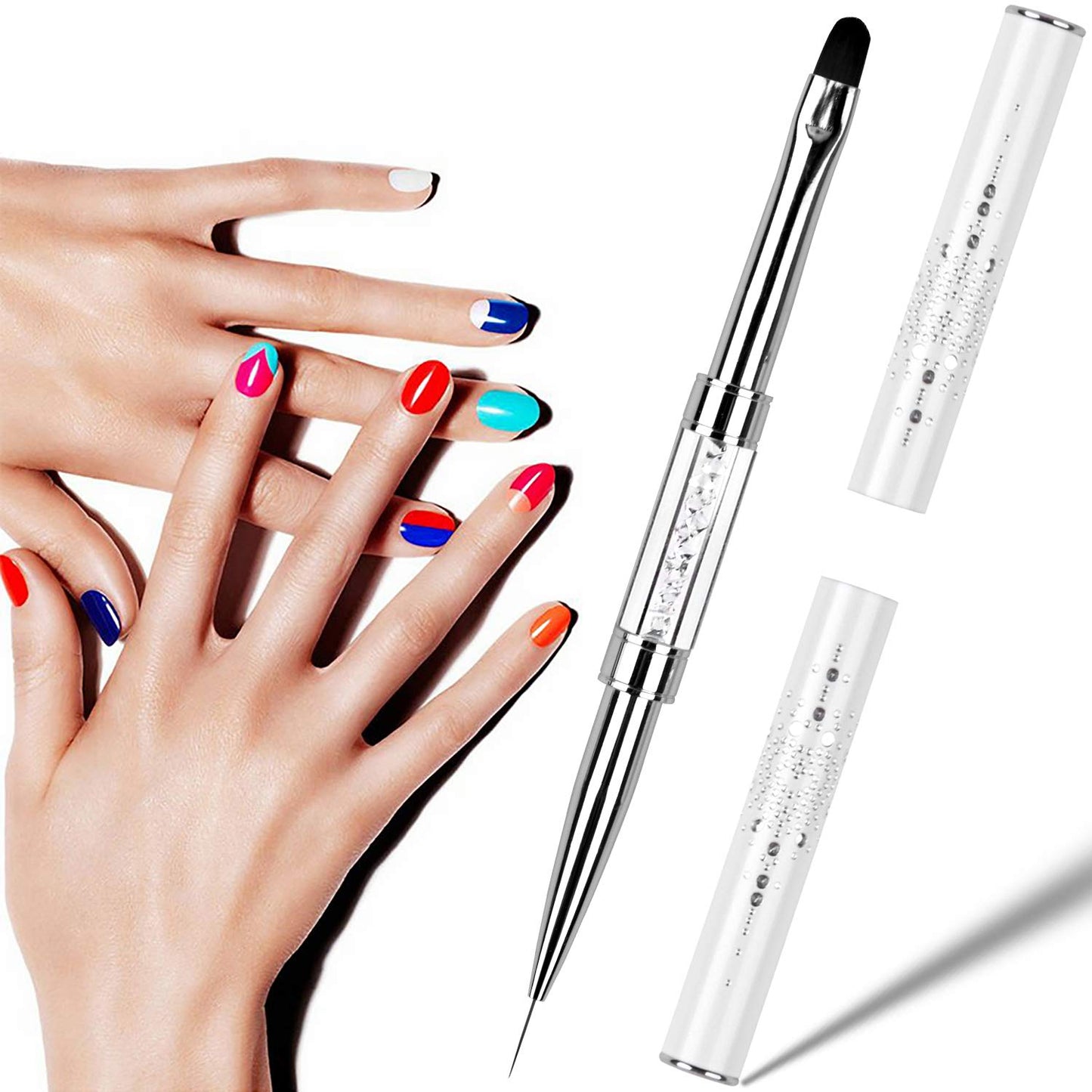 Ycyan 1Pcs Dual-ended UV Builder Gel Nail Brush Rhinestone Handle Nail Art Liner Brush Polygel Hard Gel Nail Brushes White