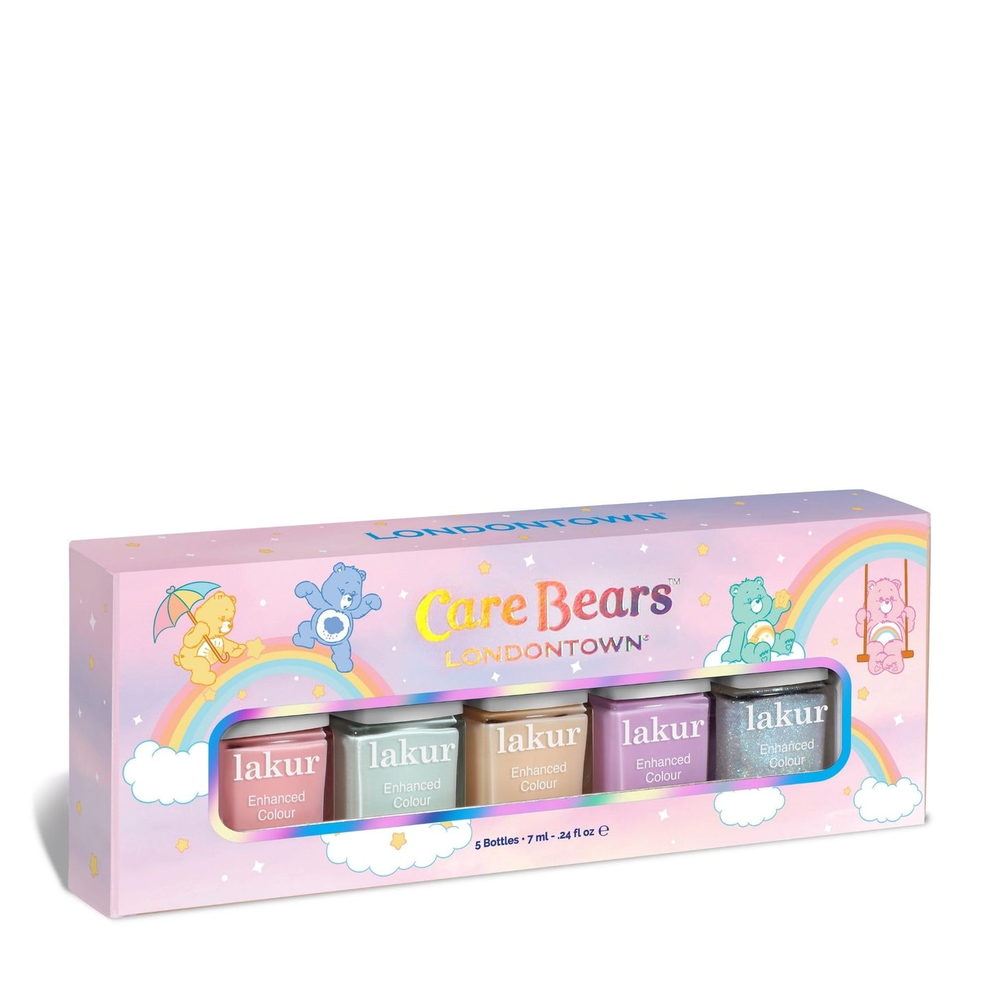 Care Bears TM by LONDONTOWN Beary Polished Mini Set – Sheer Pastel & Shimmer Nail Polish Collection, Pink, Mint, Orange, Lilac & Blue Sparkle Shades, Vegan, Cruelty-Free, 21+ Free, 0.24 fl oz Each