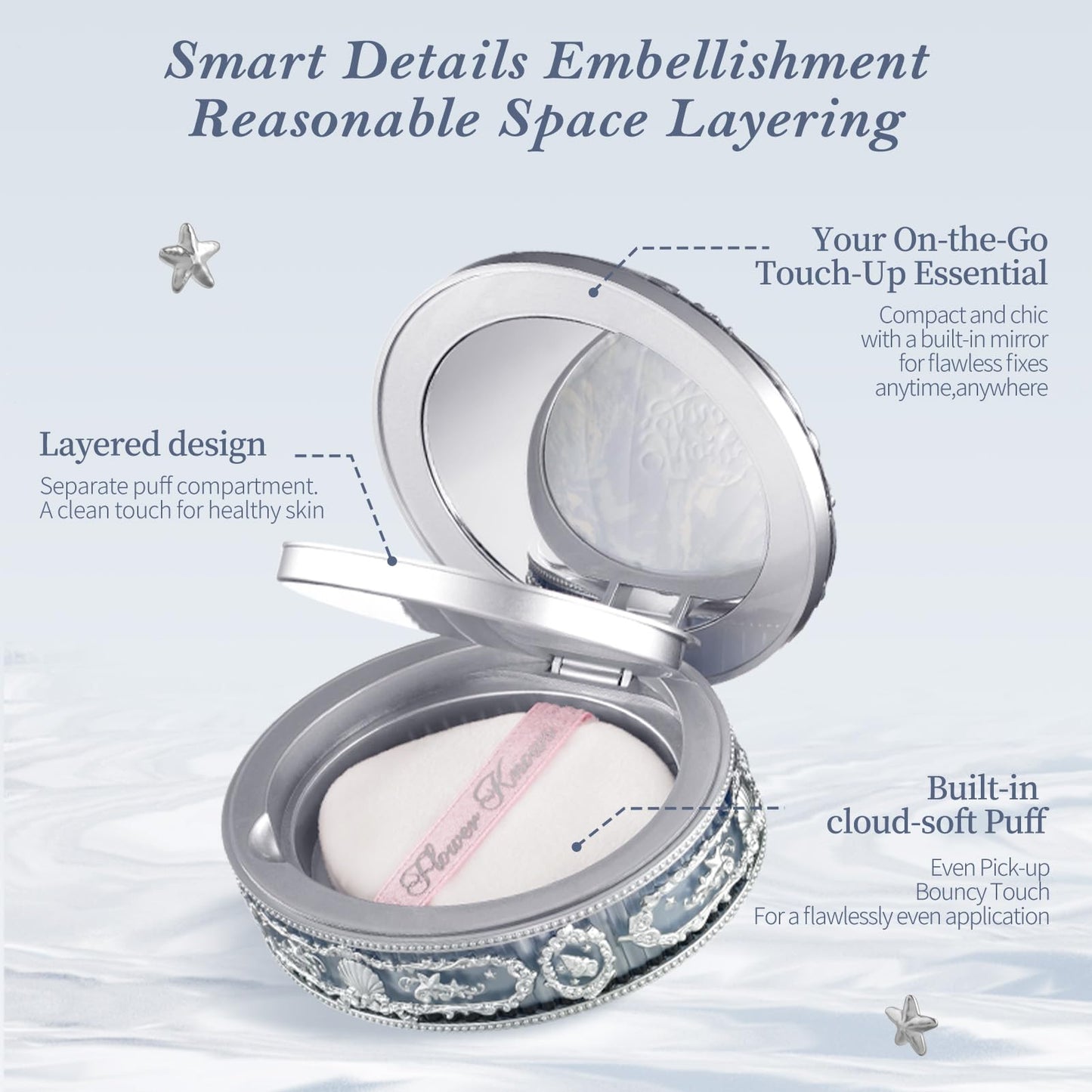 Flower Knows Shell's Jewel Collection Baked Powder,Makeup & Setting Pressed Powder Compact with Mirror and Puff,Pink Smooth Oil-Control Pore Blurring,0.32 Oz(02 Dreamy Pink)