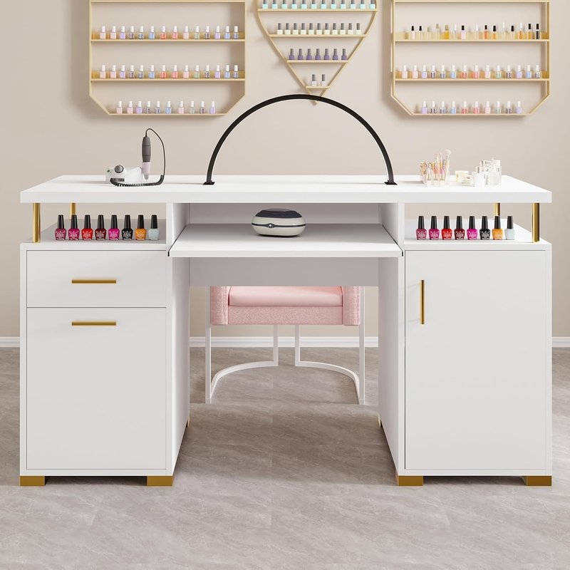 White Nail Desk for Nail Tech | 55-Inch Manicure Table with 2 Drawers & Adjustable Shelf - Elegant White & Gold Design