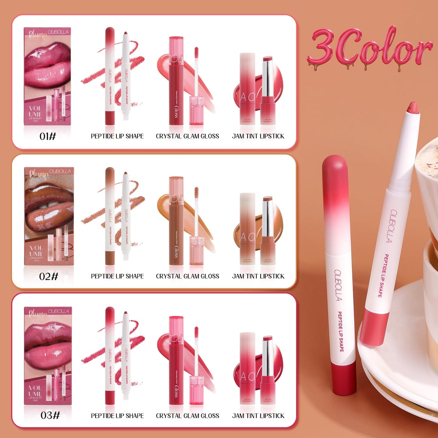 BANGFENG 3PCS Glossy Lip Combo Set – Shade with Plumping Gloss, Hydrating Melting Balm & Smooth Lip Liner for Fuller, Defined, High-Shine Juicy Lips, K-Beauty Viral Makeup Look (02# Mocha Nude)