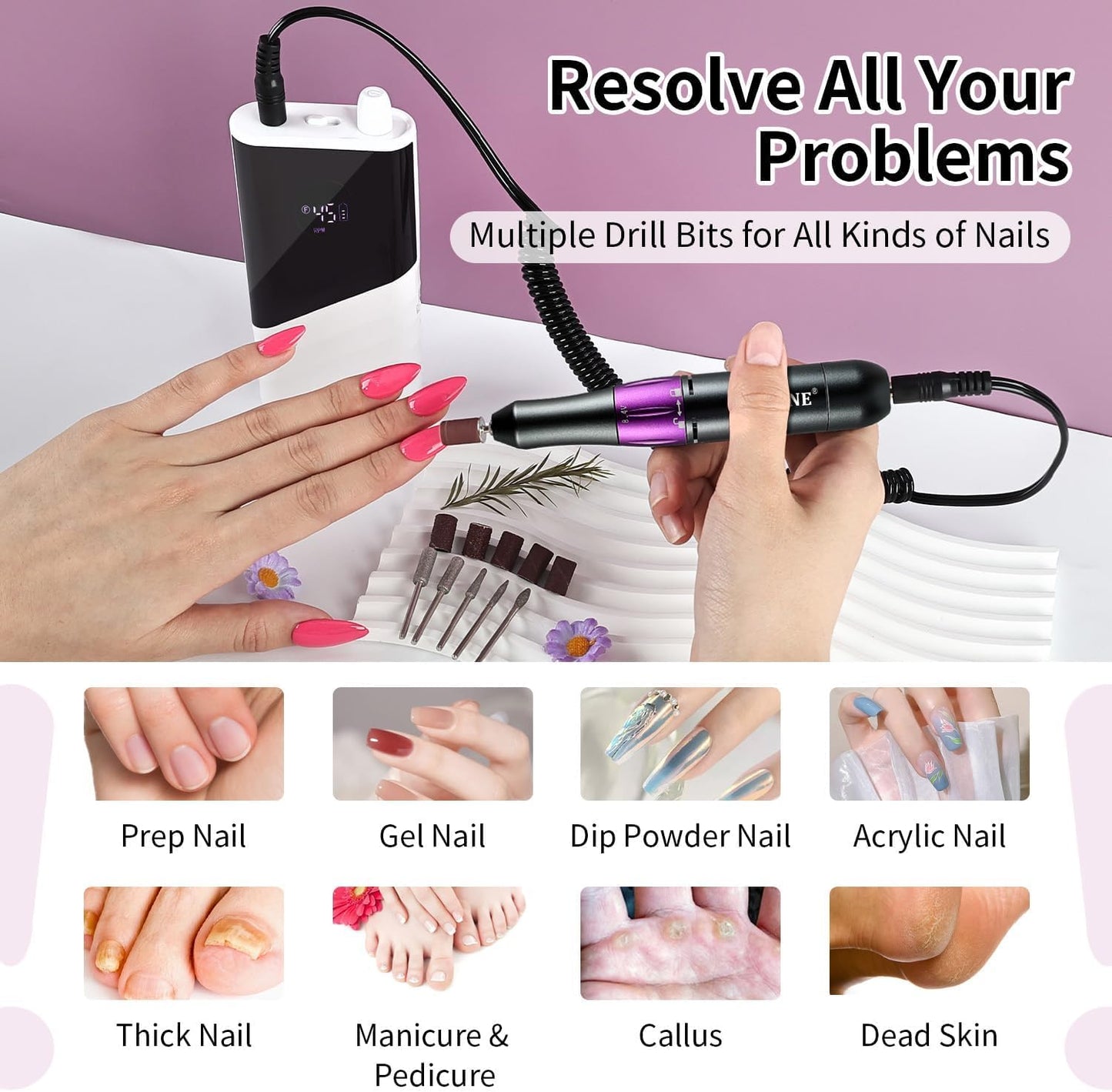 JODSONE Nail Drill - 45000 RPM Rechargeable Nail File for Gel Removal | Low Noise & Portable for Home or Salon