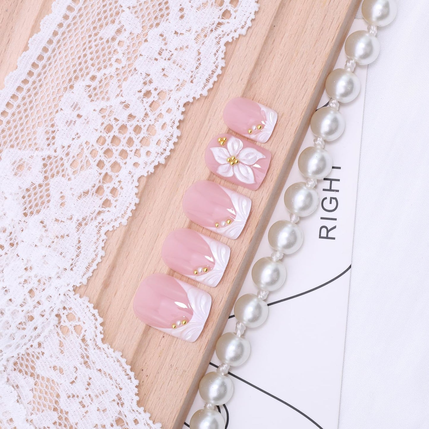 French Tip Press-On Nails - Short Square Floral Design with 3D Rhinestones | 24 Pcs Glossy Acrylic Set